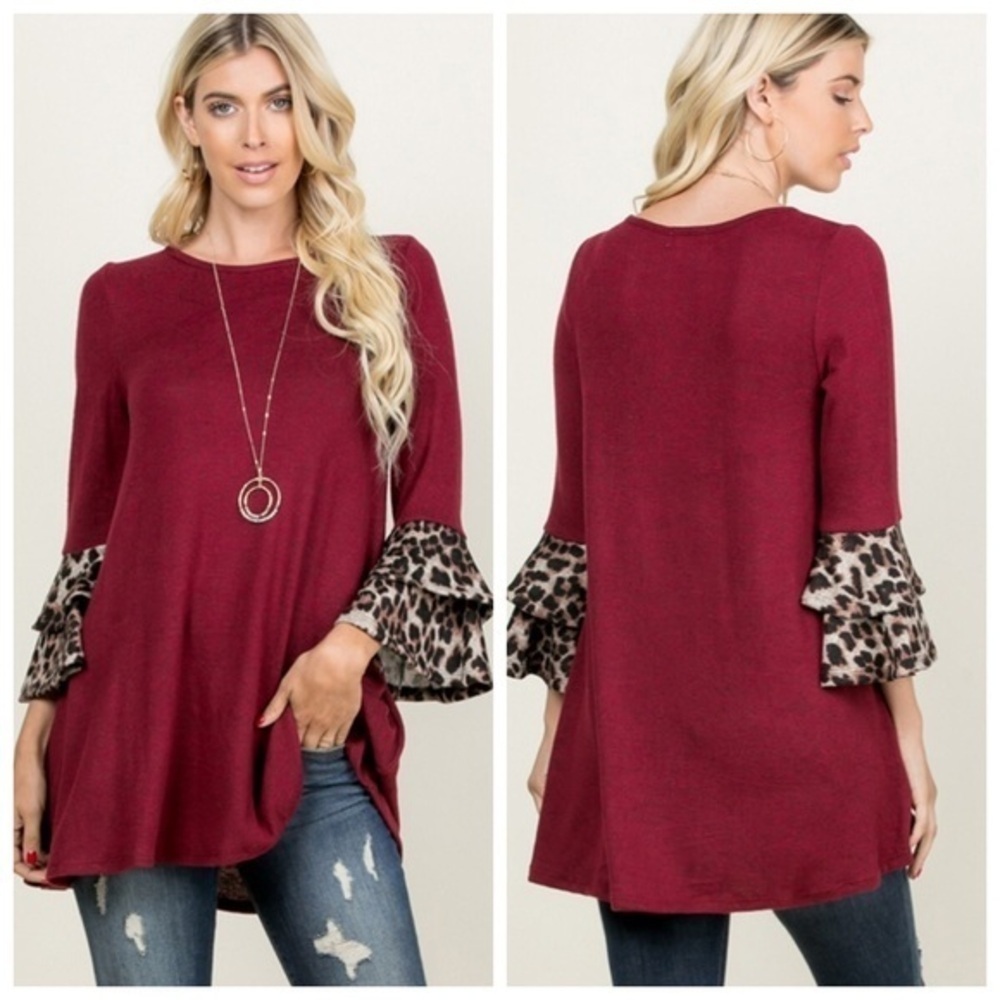 🆕Burgundy, brn leopard swing sleeve top